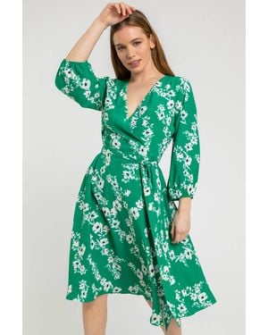 Roman Petite Floral Fit & Flare Wrap Dress - Green