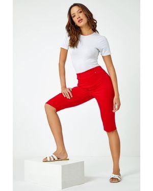 Roman Denim Stretch Knee Length Pedal Pusher - Red