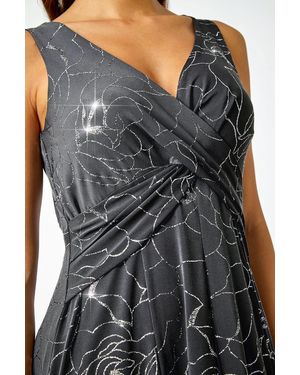 Roman Floral Glitter Print Midi Stretch Dress - Black