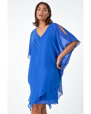 Roman Embellished Cold Shoulder Overlay Dress - Blue