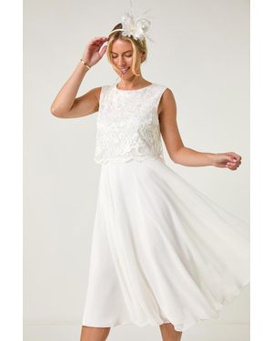 Roman Petite Lace Overlay Midi Dress - Natural