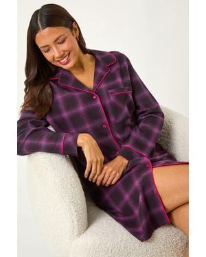 Roman Check Print Revere Collar Stretch Nightshirt - Purple