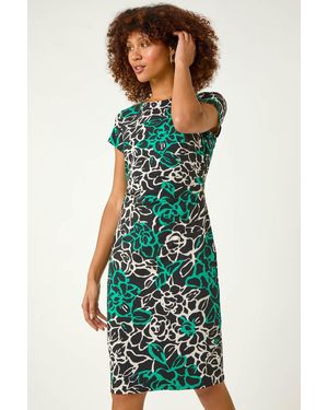 Roman Floral Side Ruched Stretch Dress - Green