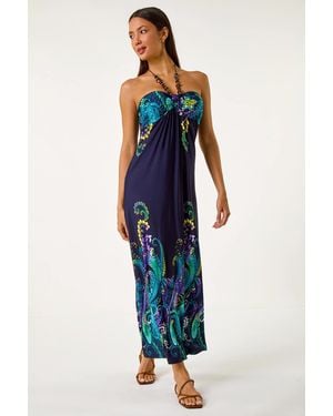 Roman Paisley Beaded Necklace Bandeau Maxi Dress - Blue