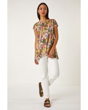 Roman Floral Print Hanky Hem Tunic Top - Natural