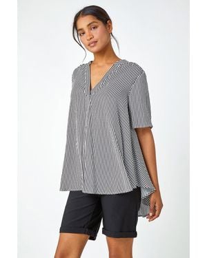 Roman Stripe Print V-Neck Tunic Swing Top - Grey