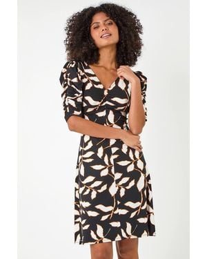 D.u.s.k Ditsy Leaf Ruched Puff Sleeve Dress - Black