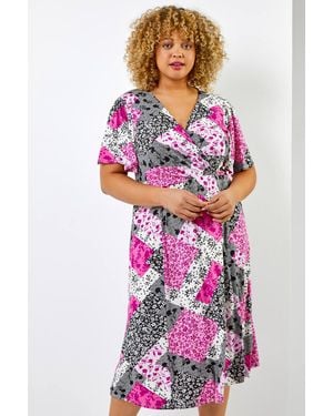 Roman Curve Patchwork Floral Midi Dress - Pink
