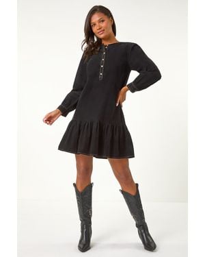 Roman Corduroy Button Detail A-Line Dress - Black