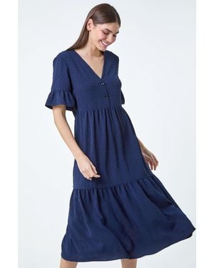 Roman Textured Spot Frill Tiered Midi Dress - Blue