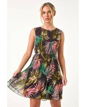 Roman Petite Tropical Tie Detail Pleated Dress - Black