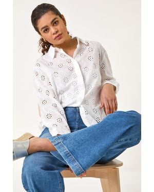 Roman Floral Broderie Collar Cotton Shirt - Blue