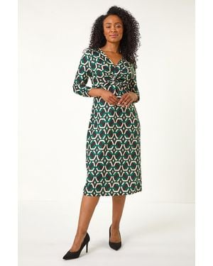 Roman Petite Geometric Twist Midi Dress - Green