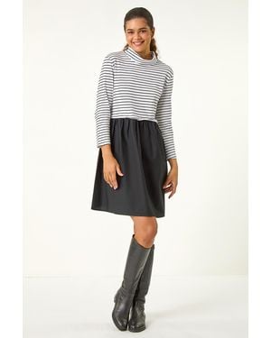 Roman Stripe Print High Neck Smock Dress - Black