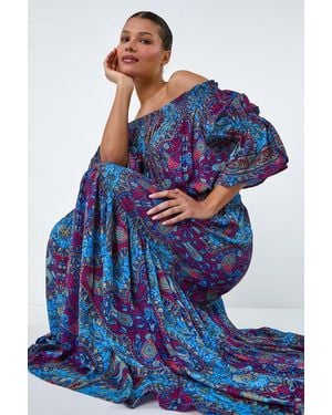 Lilly-and-Hope Elastic Waist Paisley A Line Maxi Skirt - Blue