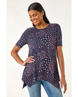Roman Floral Print Hanky Hem Tunic Top - Blue