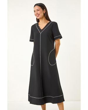 Roman Contrast Stitch Detail A-Line Dress - Black