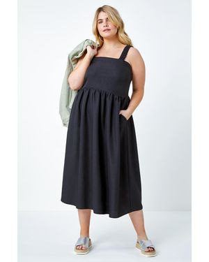 Roman Curve Linen Look Ruched Midi Dress - Black