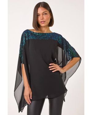Roman Sequin Yoke Contrast Chiffon Top - Blue