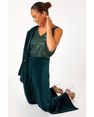 Roman Petite Wide Leg Velvet Stretch Trouser - Green