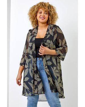 Roman Curve Spot Leaf Print Dipped Hem Kimono - Black