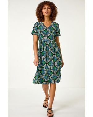 Roman Abstract Print Stretch Midi Dress - Green