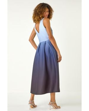 Roman Ombre Pleated Luxe Stretch Midi Dress - Blue