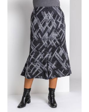 Roman Curve Abstract Cross Print Fluted Skirt - Grey