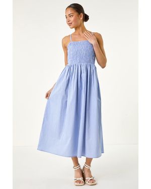 Roman Petite Stripe Strappy Shirred Dress - Blue