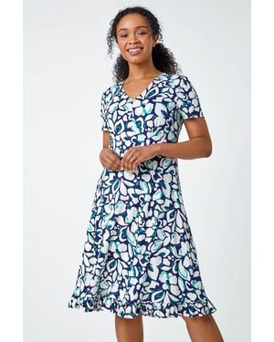 Roman Petite Floral Frill Hem Stretch Dress - Blue