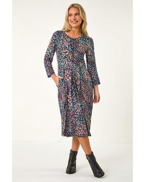 Roman Petite Animal Print Button Stretch Midi Dress - Blue