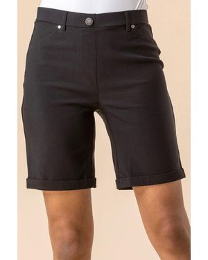 Roman Elastic Waist Turn Up Stretch Shorts - Black
