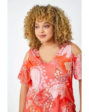 Roman Curve Paisley Cold Shoulder Chiffon Jersey Top - Red