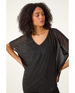 Roman Glitter Mesh Overlay Tunic Stretch Top - Black