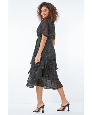 Roman Petite Spot Print Tiered Frill Midi Dress - Black