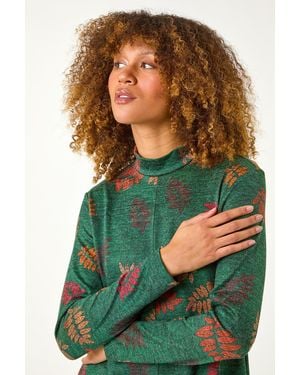 Roman Floral Print High Neck Stretch Tunic Top - Green