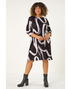 Roman Curve Brush Print Stretch Swing Dress - Black