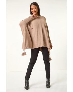 Roman Sparkle Embellished Tassel Poncho - Natural