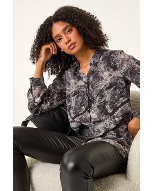Roman Abstract Print Collar Button Detail Blouse - Black