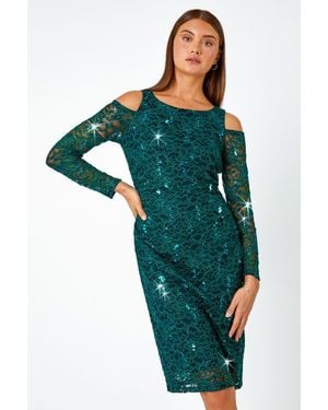 Roman Sequin Cold Shoulder Lace Midi Stretch Dress - Green