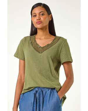 Roman Sequin Trim V-Neck Stretch Top - Green