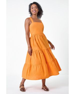 Roman Petite Tiered Cotton Shirred Midi Dress - Orange