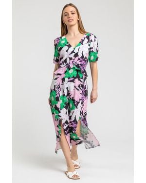Roman Petite Frill Waist Floral Midi Dress - Green