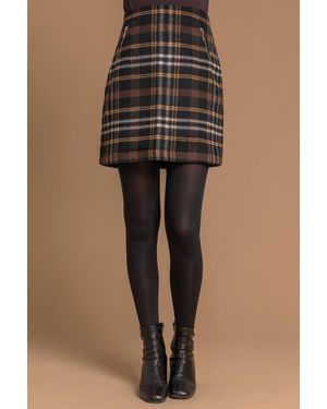 Roman Check Plaid Tartan Print Zip Detail Brushed Skirt - Multicolour