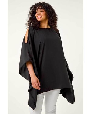 Roman Curve Bobble Trim Hanky Hem Top - Black