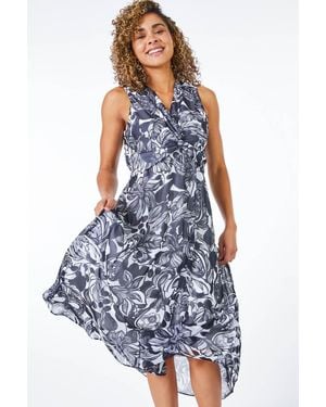 Roman Petite Contrast Floral Print Hanky Hem Dress - Blue