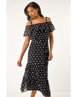 Roman Spot Print Bardot Midi Dress - Black