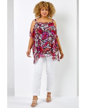 Roman Curve Abstract Butterfly Cold Shoulder Top - Red