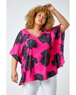 Roman Curve Floral Print V-Neck Chiffon Top - Pink