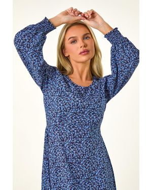 Roman Petite Print Shirred Cuff Midi Dress - Blue